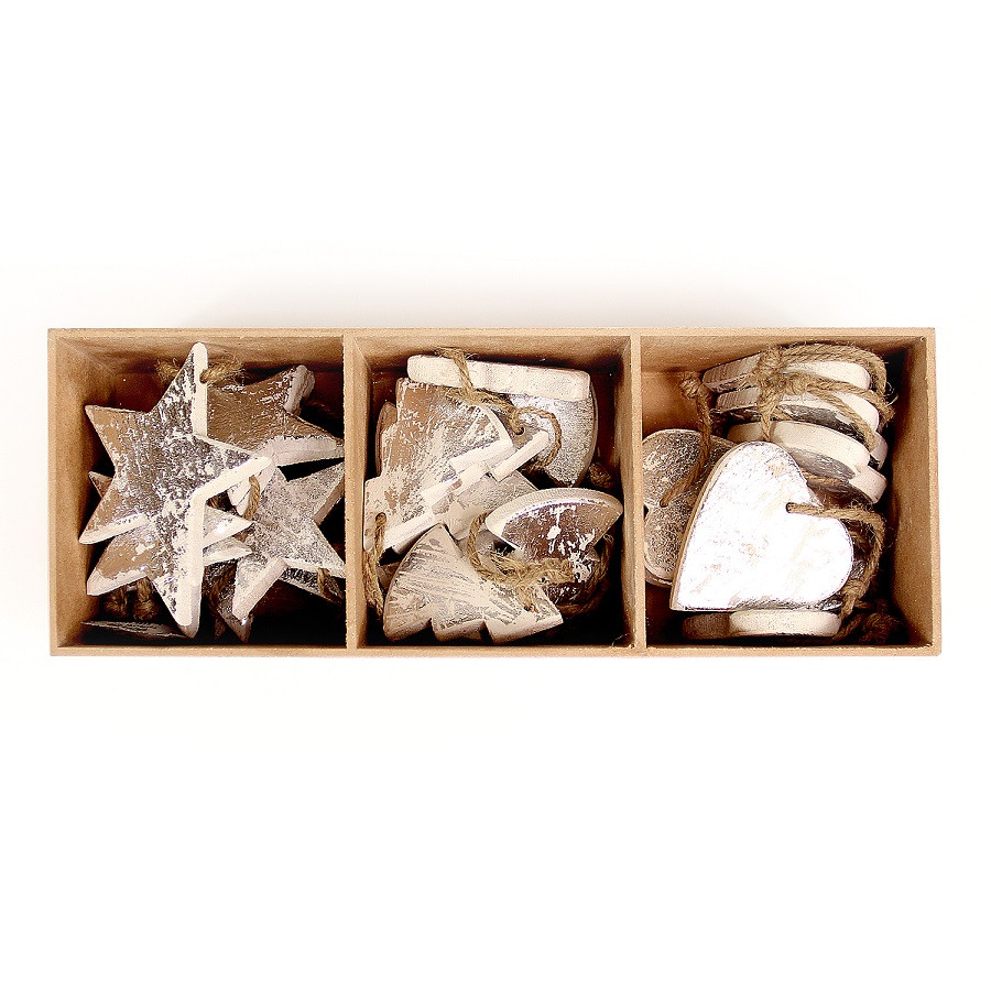 Украшения подвесные Silver Stars/Trees/Hearts, деревянные, в подарочной коробке, 24 шт. - фото 1 - id-p167312547