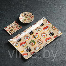 Набор для суши Доляна «Сет», 3 предмета: соусники 8×2 см, 8×6 см, подставка 25×15 см