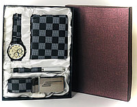 Подарочный набор мужской( Часы-хамелеон ( бежевый циферблат 2 круга), ремень, кошелек, ручка)