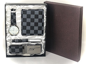 Подарочный набор мужской( Часы-хамелеон ( бежевый циферблат ), ремень, кошелек, ручка)