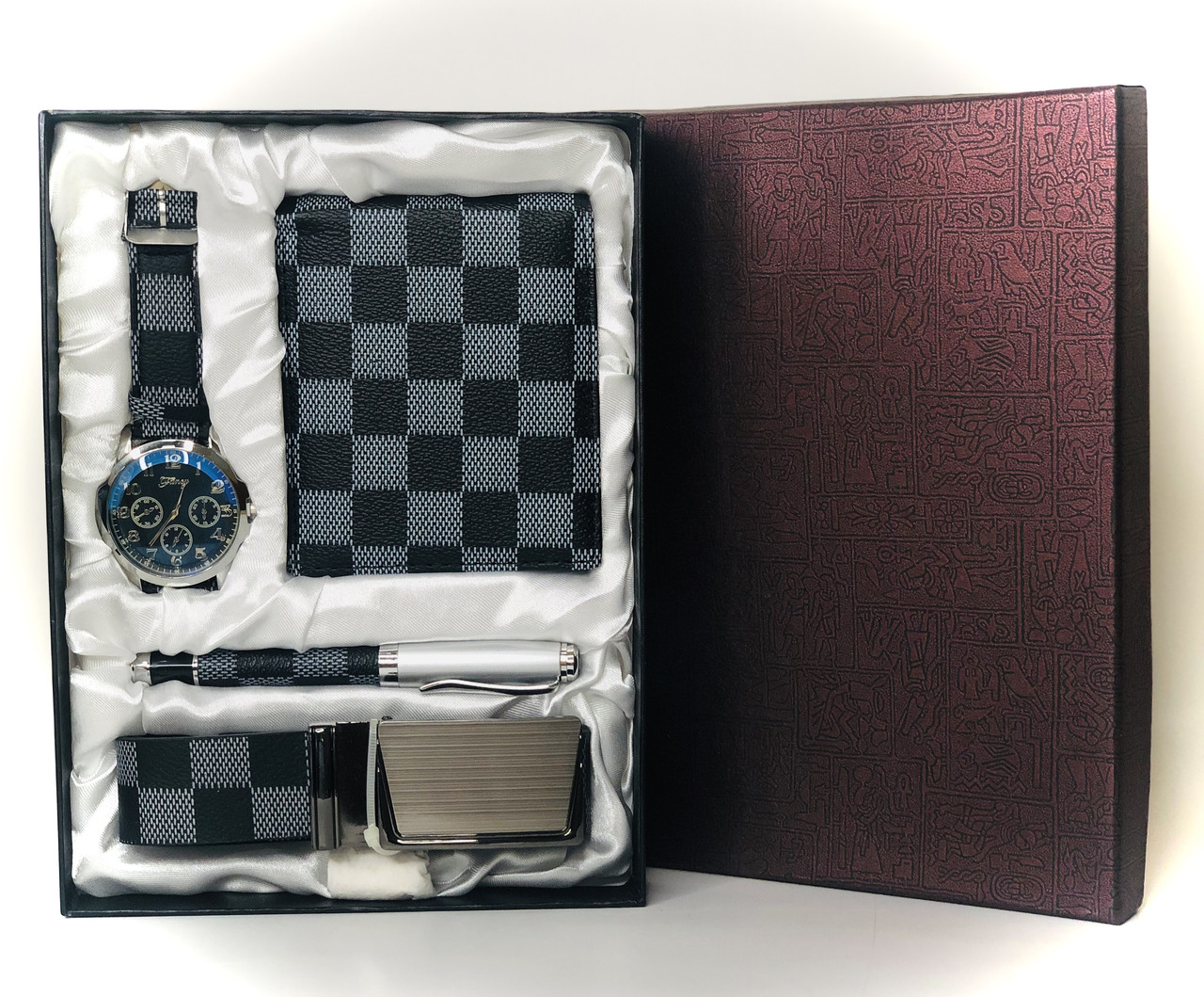 Подарочный набор мужской( Часы-хамелеон ( черный циферблат 3 круга ), ремень, кошелек, ручка)