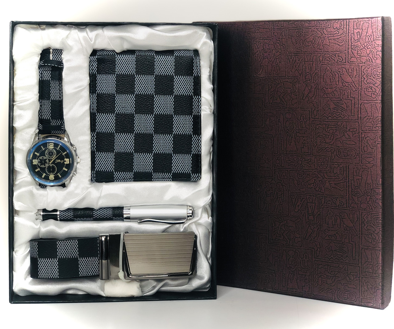 Подарочный набор мужской( Часы-хамелеон ( черный циферблат 3 круга сбоку ), ремень, кошелек, ручка) - фото 1 - id-p167447654