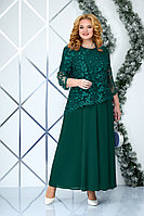 Женский осенний кружевной зеленый нарядный большого размера комплект с платьем Ninele 7338 изумруд 58р.