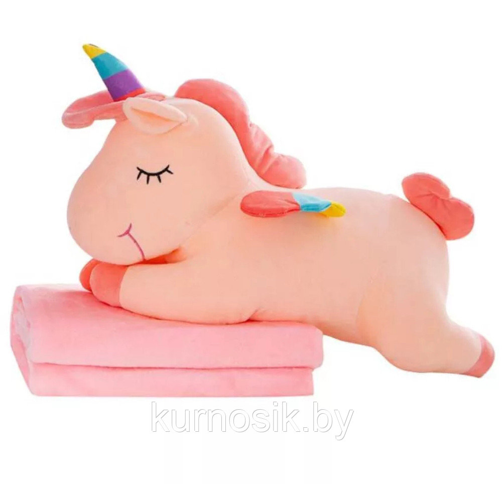 Мягкая игрушка Единорог спящий с пледом 3в1 Розовый - фото 5 - id-p167552305