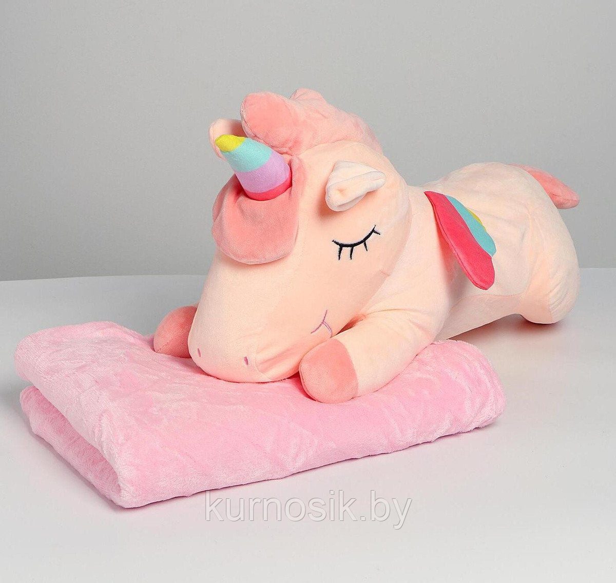 Мягкая игрушка Единорог спящий с пледом 3в1 Розовый - фото 6 - id-p167552305