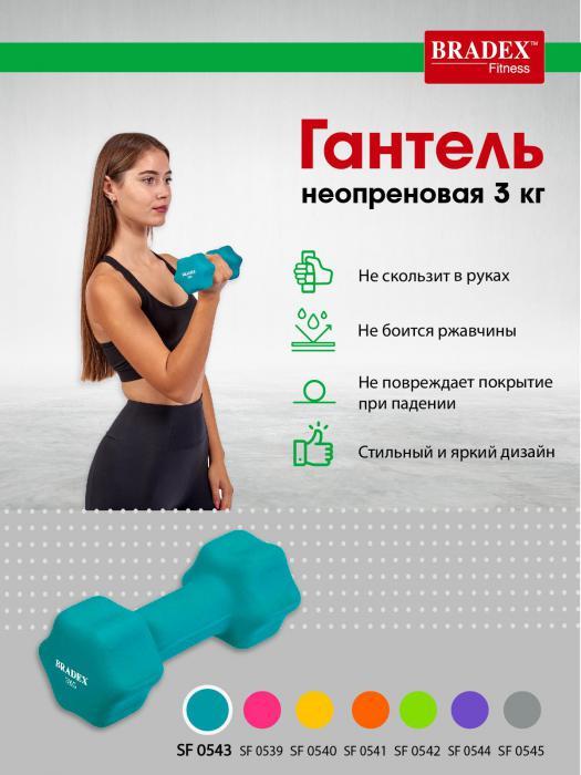 Гантель неопреновая, 3 кг, голубая (Neoprene dumbbell 3 kg blue 7466 c), Bradex SF 0543 - фото 8 - id-p167455649