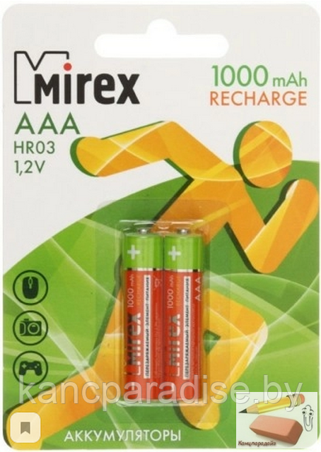 Аккумулятор Ni-MH Mirex HR03 / AAA 1000 mAh 1,2 V, в упаковке 2 штуки, (2/20/100), ecopack, цена за 1 штуку - фото 1 - id-p167628270