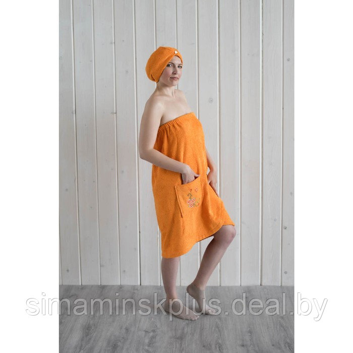 Набор женский для сауны (парео+чалма) с вышивкой, оранжевый - фото 1 - id-p167658752