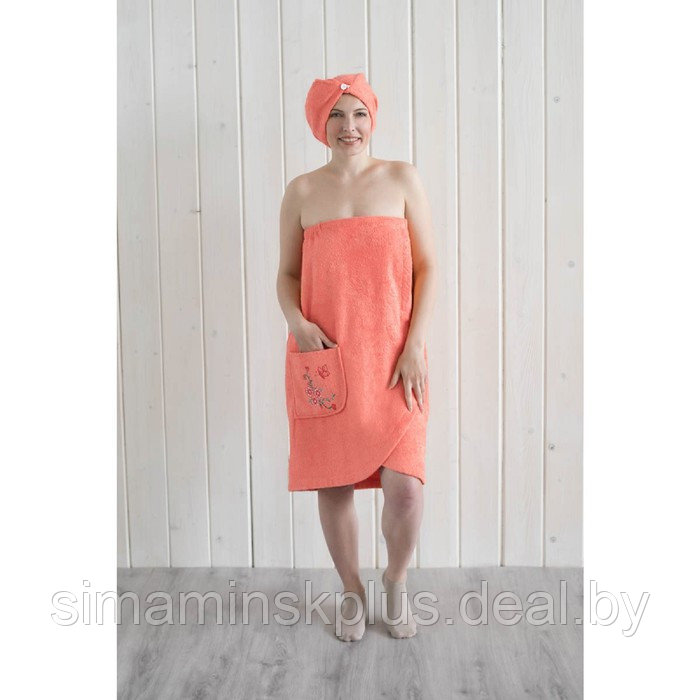 Набор женский для сауны (парео+чалма) с вышивкой, коралл - фото 2 - id-p167658753