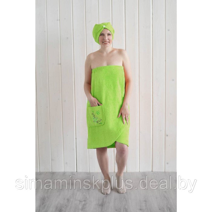 Набор женский для сауны (парео+чалма) с вышивкой, салатовый - фото 2 - id-p167658756