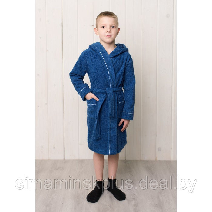 Халат для мальчика с капюшоном, рост 140 см, синий, махра - фото 1 - id-p167659052