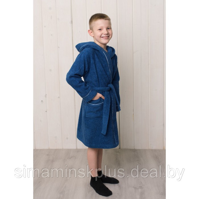 Халат для мальчика с капюшоном, рост 140 см, синий, махра - фото 3 - id-p167659052
