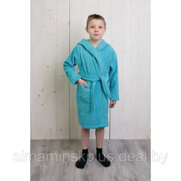 Халат для мальчика с капюшоном, рост 134 см, цвет бирюзовый, махра - фото 1 - id-p167659056