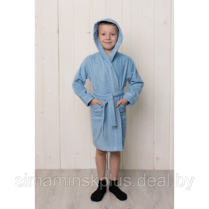Халат для мальчика с капюшоном, рост 140 см, голубой, махра - фото 1 - id-p167659058