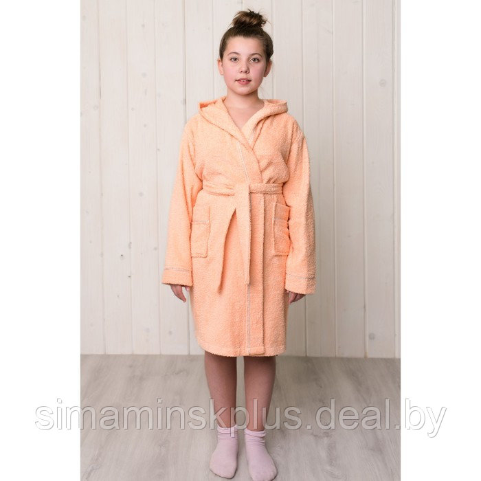 Халат для девочки с капюшоном, рост 128 см, персиковый, махра - фото 1 - id-p167659070
