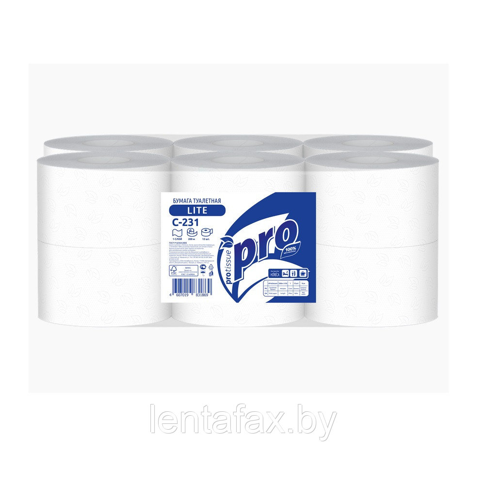 Бумага туалетная однослойная "Protissue" Lite, 1рул, 200м. Упаковка 12 рулонов