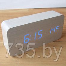 Часы-будильник Прямоугольник с термометром деревянные цвет: белое дерево синие цифры зв. активация