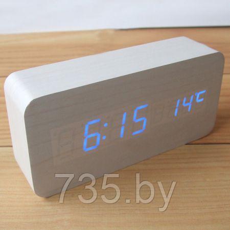 Часы-будильник Прямоугольник с термометром деревянные цвет: белое дерево синие цифры зв. активация - фото 1 - id-p167710079