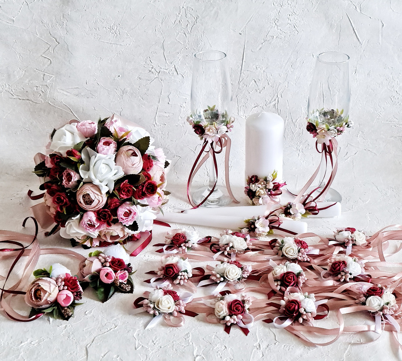 Свадебный набор "Цветочный микс" в бордово-розовый цвете