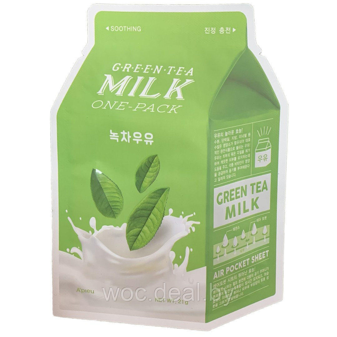 A'PIEU Тканевая маска для лица Milk One-Pack, 21 г, green tea - фото 1 - id-p167858412