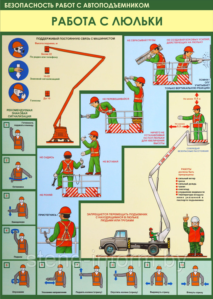 Плакат по  Охране труда № 89 Безопасность работ с автопоъемником. Работа с люльки р-р 40*57 см, ПВХ