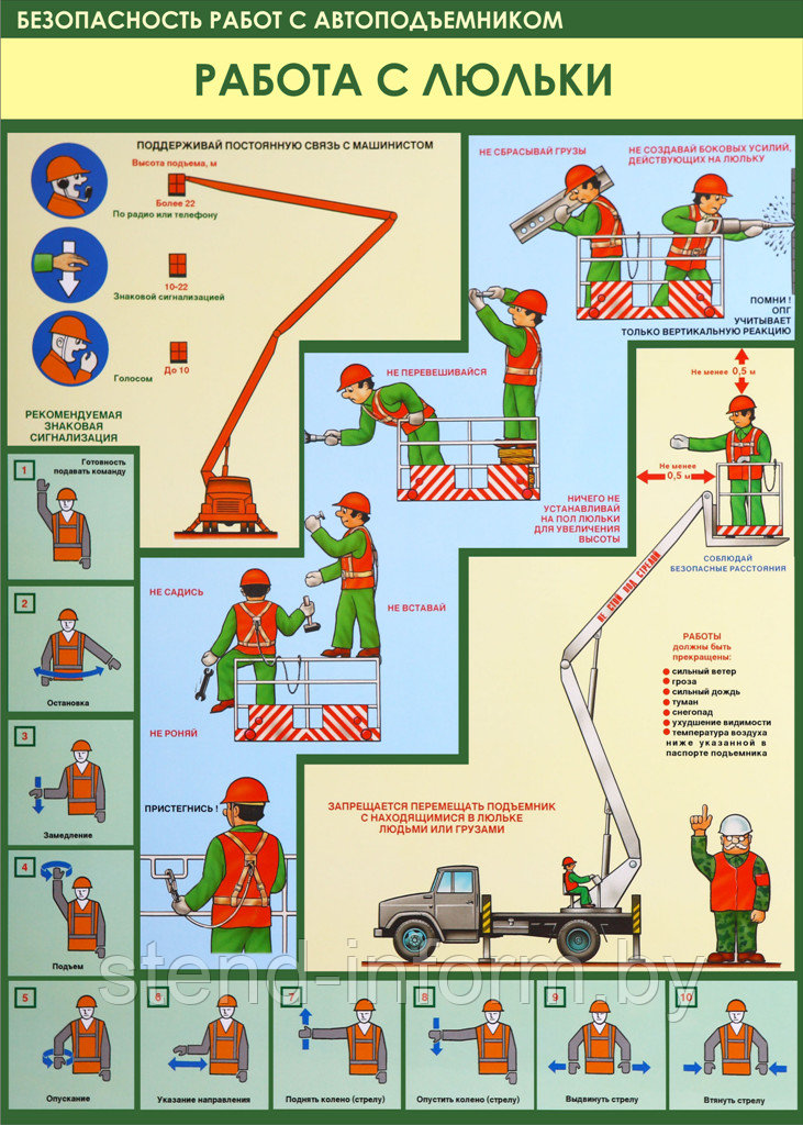 Плакат по Охране труда № 89 Безопасность работ с автопоъемником. Работа с люльки р-р 40*57 см, ПВХ - фото 1 - id-p18409673
