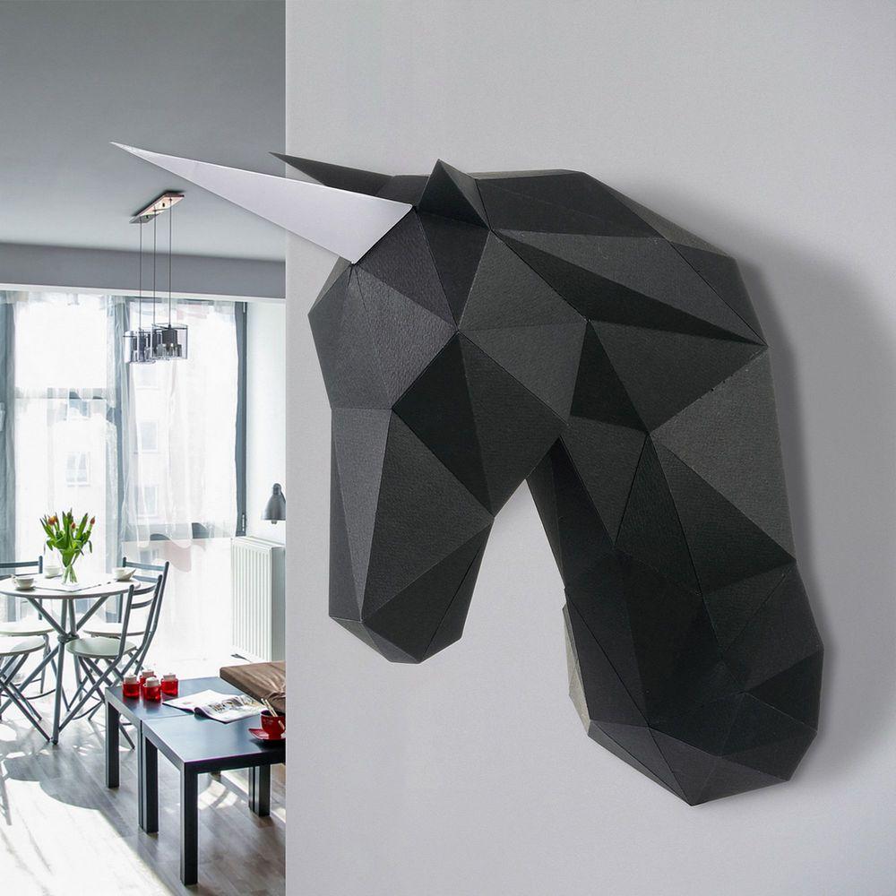 3Д Оригами Единорог Вальдемар Чёрный на стену / 3D Оригами / Конструктор / Paperraz / Паперраз, фото 1