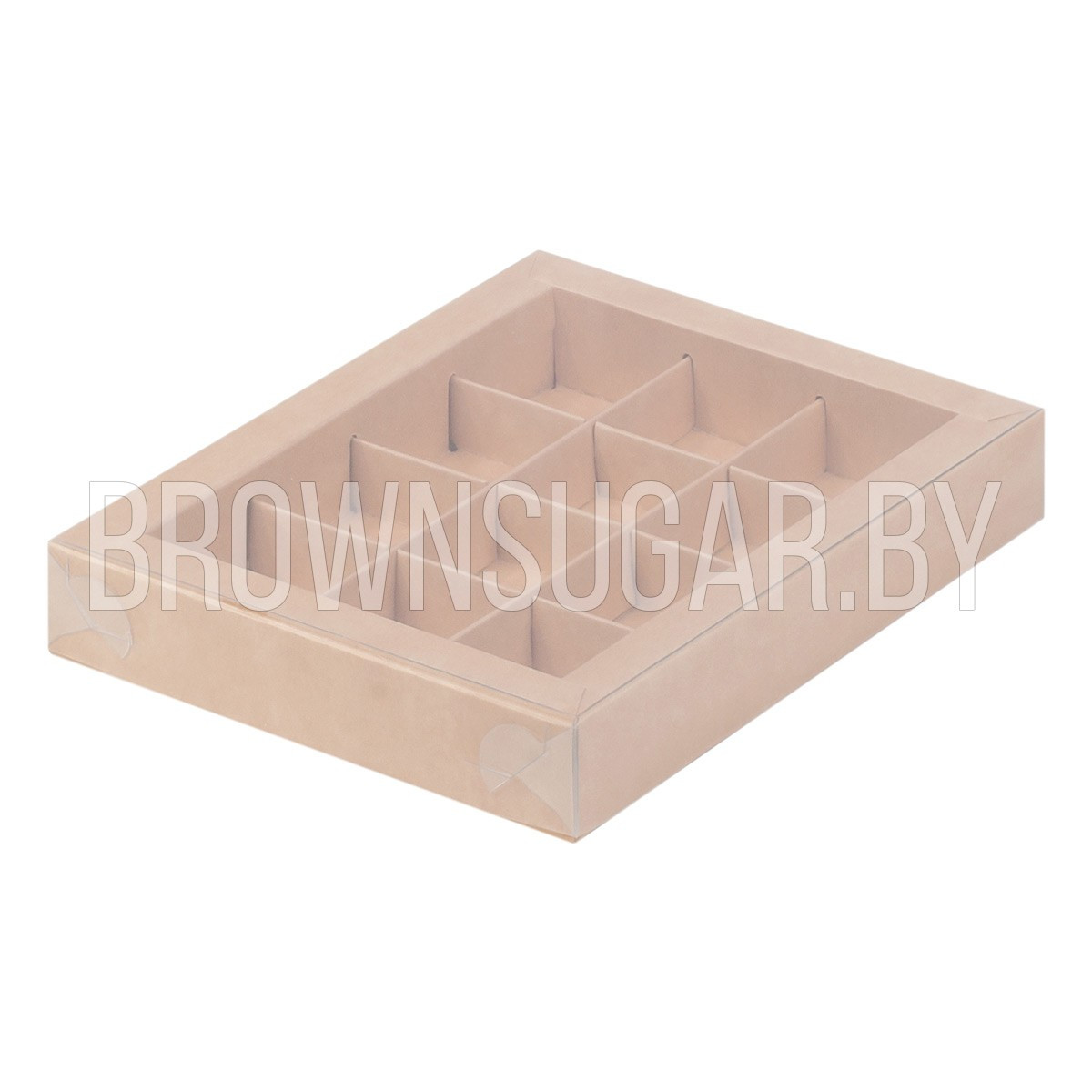 Коробка для 12 конфет Крафт с пластиковой крышкой (Россия, 190х150х30 мм) - фото 1 - id-p168236429
