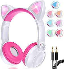 Беспроводные детские наушники Wireless Headphones Cat Ear ZW-028 белые с розовым