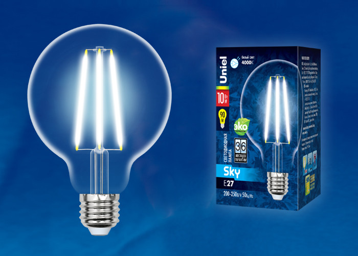 Ретро лампа Эдисона UNIEL LED-G95-10W/4000K/E27/CL PLS02WH  ПРОЗРАЧНАЯ КОЛБА