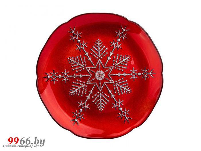 Блюдо сервировочное новогоднее тарелка ручной работы Elan Gallery Снежинка 28см красная 120801