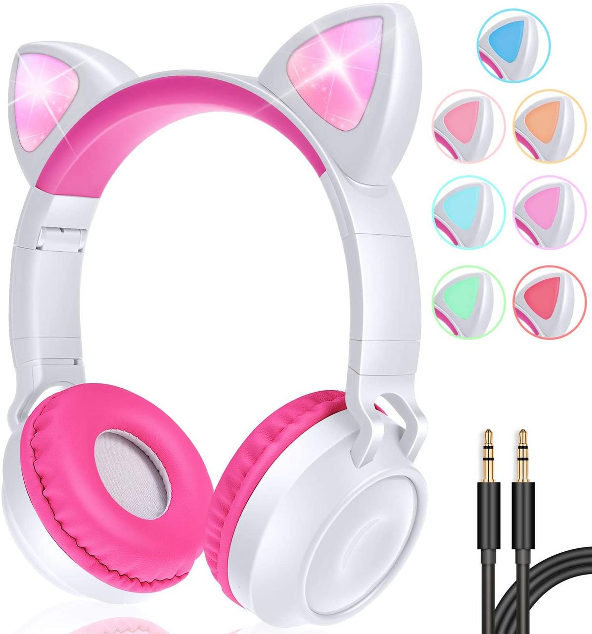 Беспроводные детские наушники Wireless Headphones Cat Ear ZW-028 белые с розовым