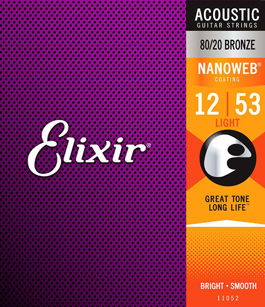Elixir 11052 NANOWEB Комплект струн для акустической гитары, Light, бронза 80/20, 12-53