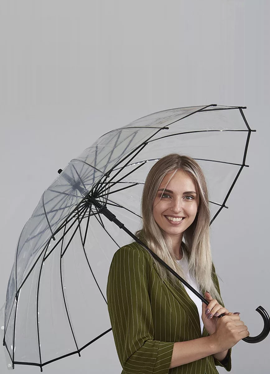 Прозрачный зонт-трость фирмы Umbrellas (полуавтомат, в чехле, 16 спиц) - фото 2 - id-p161212305