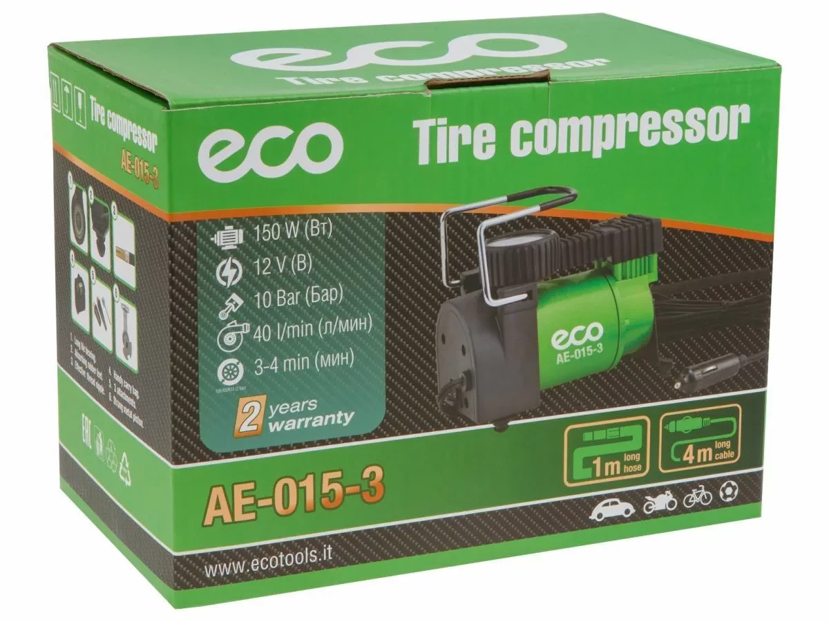Компрессор автомобильный ECO AE-015-3 (12 В, 150 Вт, 40 л/мин, 10 бар (манометр 7 бар), сумка) (AE-015-3) - фото 6 - id-p168488910