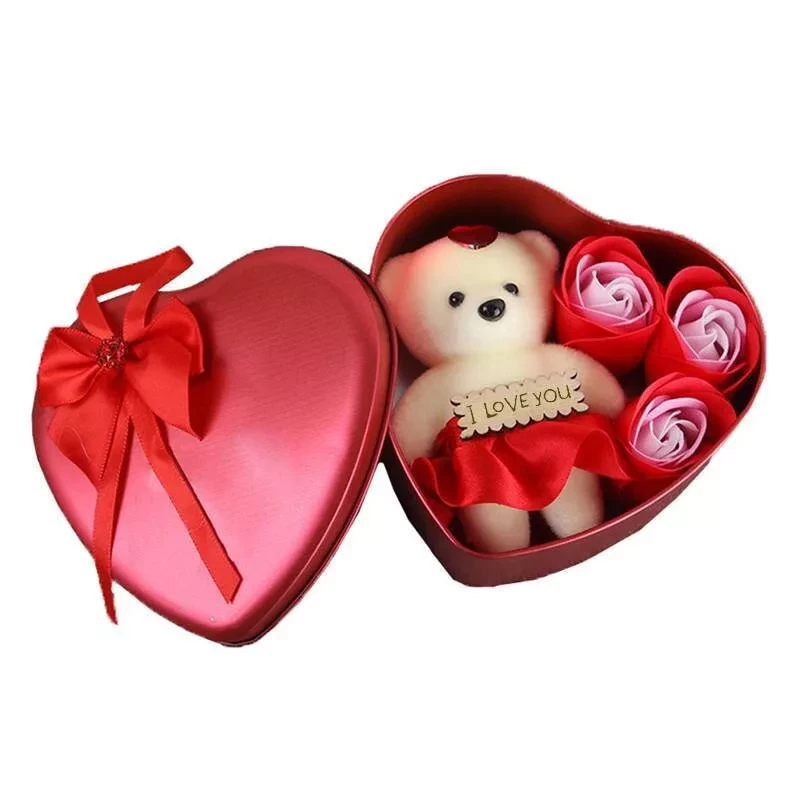 Набор мыльных роз в металлической коробке сердце с мишкой, 3 шт (красный)