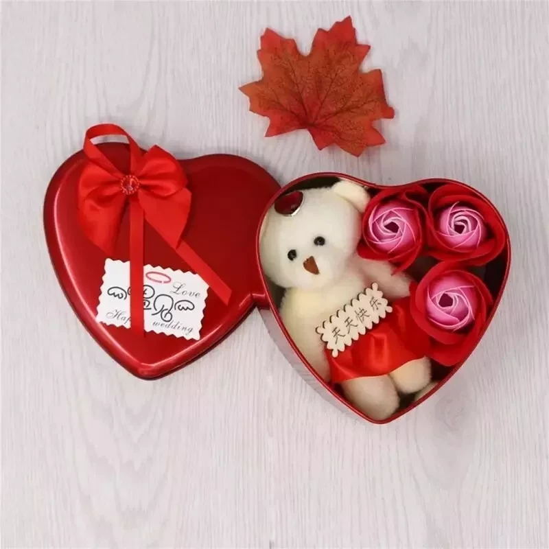 Набор мыльных роз в металлической коробке сердце с мишкой, 3 шт (красный) - фото 2 - id-p145164753