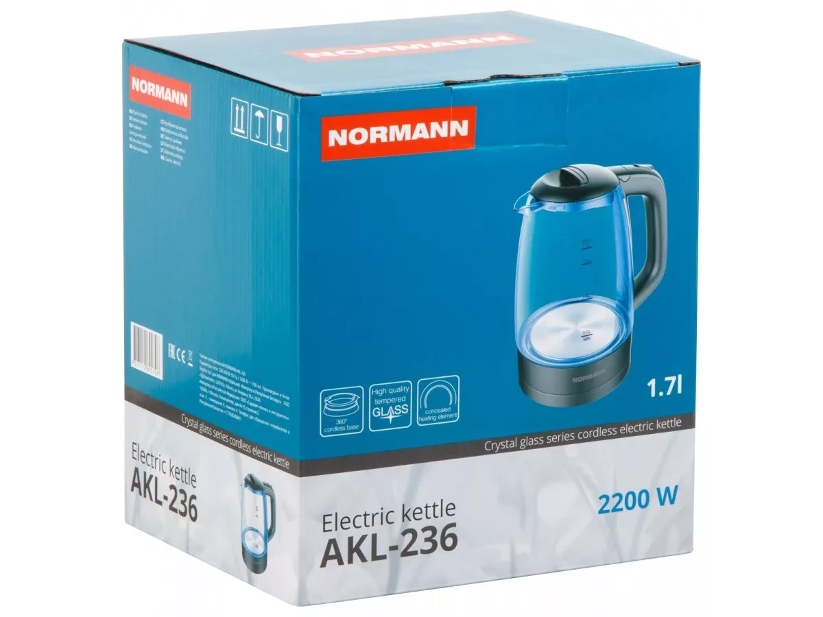 Чайник электрический AKL-236 NORMANN (2200 Вт; 1,7 л; стекло; подсветка) - фото 2 - id-p143007590