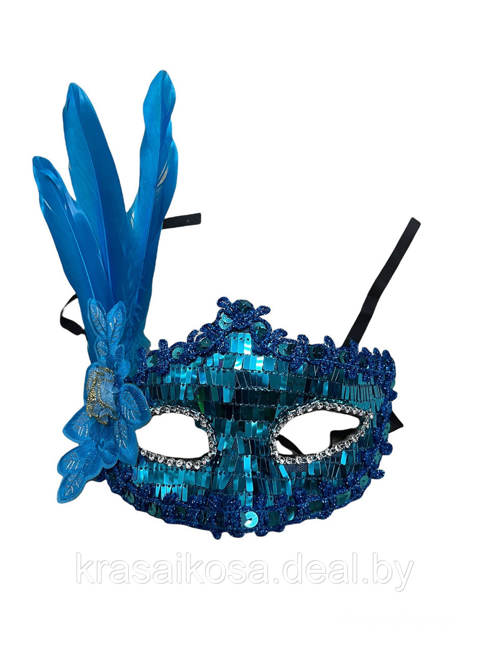 Маска венецианская карнавальная новогодняя карнавальная пайетки и перо голубая - фото 1 - id-p168494858