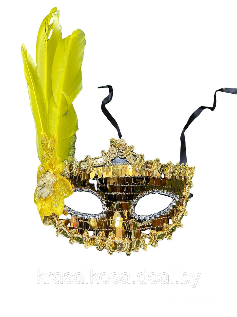 Маска венецианская карнавальная пайетки и перо золотистая