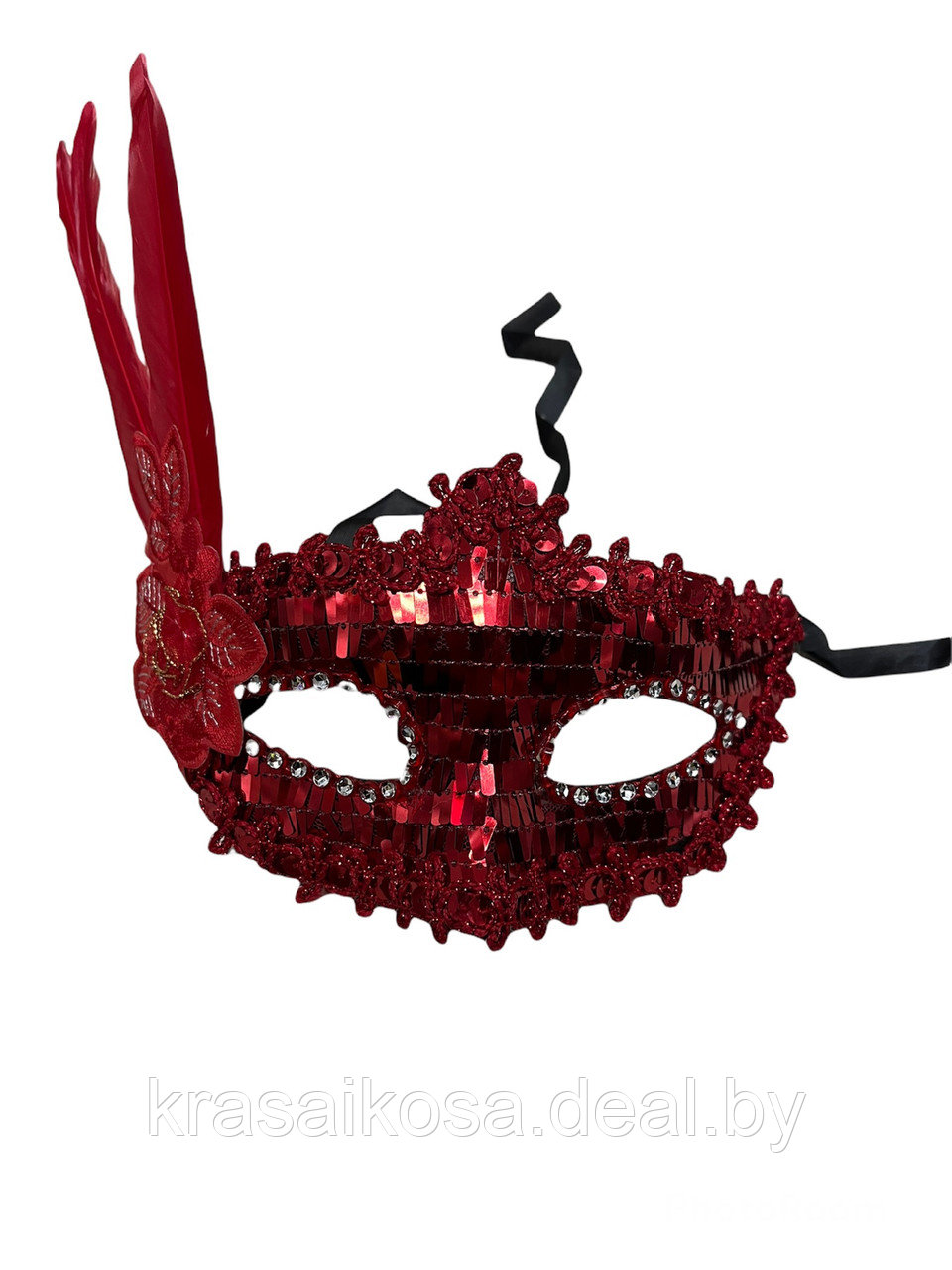 Маска венецианская карнавальная пайетки и перо красная - фото 1 - id-p168526631