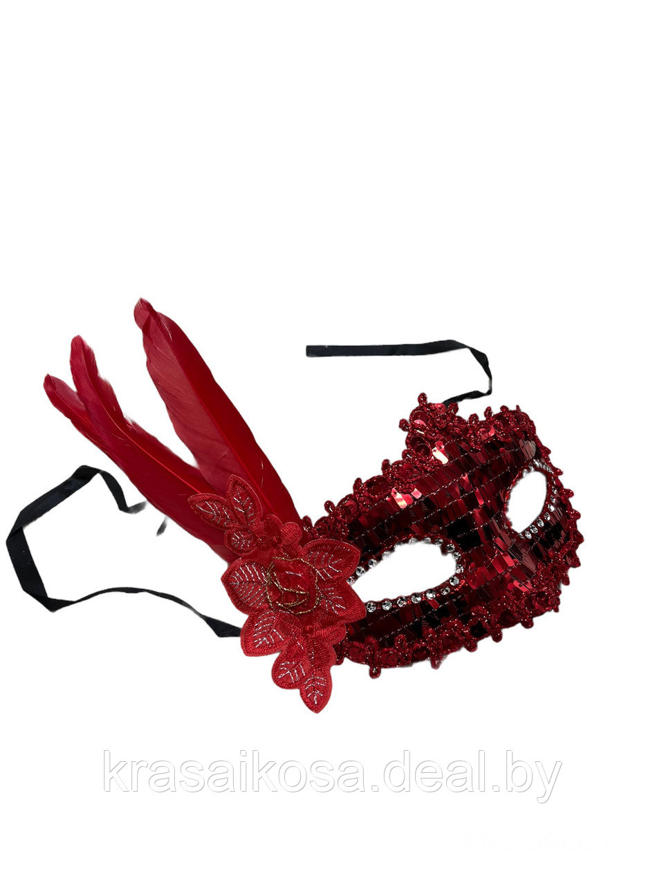 Маска венецианская карнавальная пайетки и перо красная - фото 2 - id-p168526631