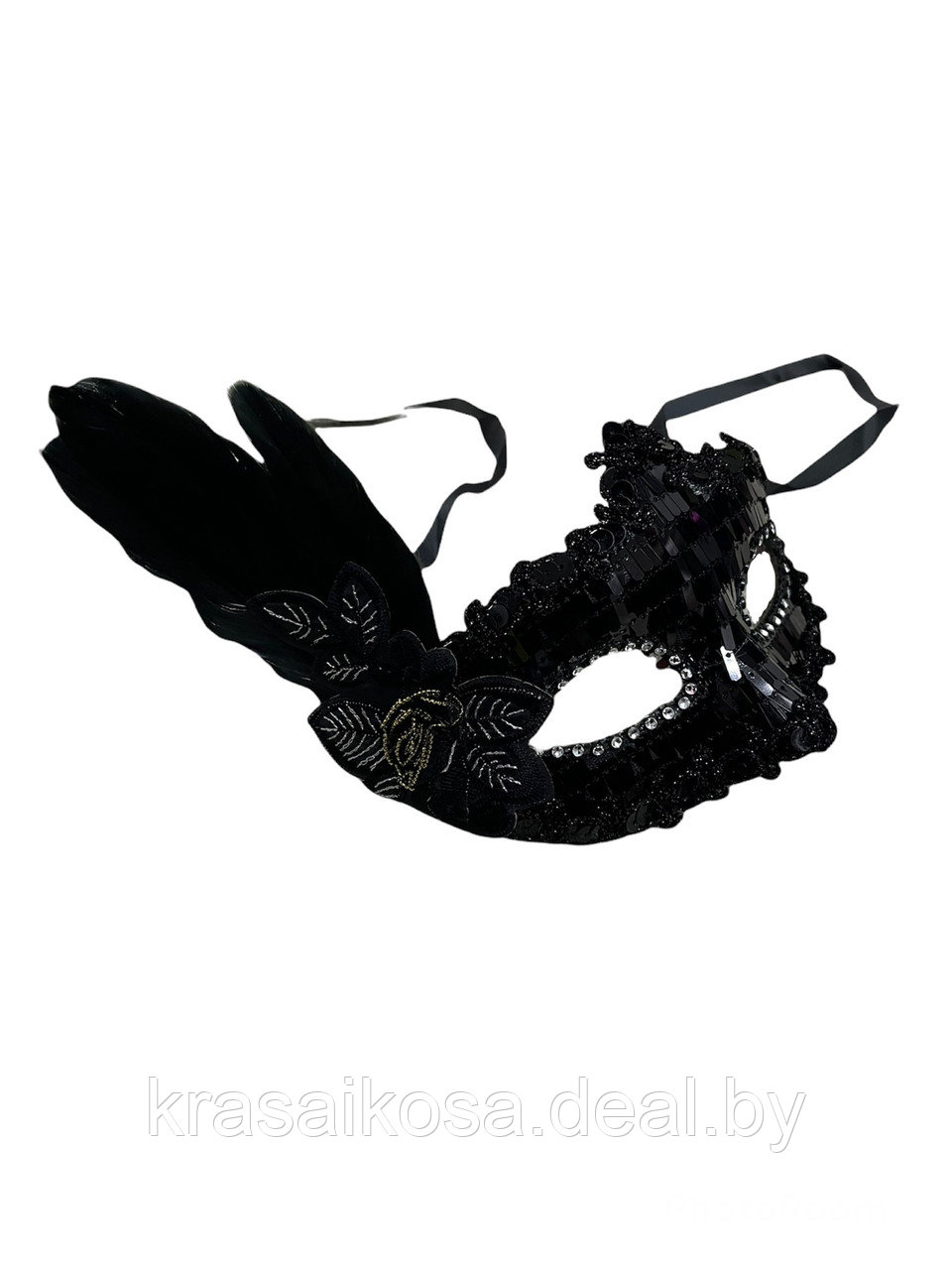 Маска венецианская карнавальная пайетки и перо черная - фото 2 - id-p168526686