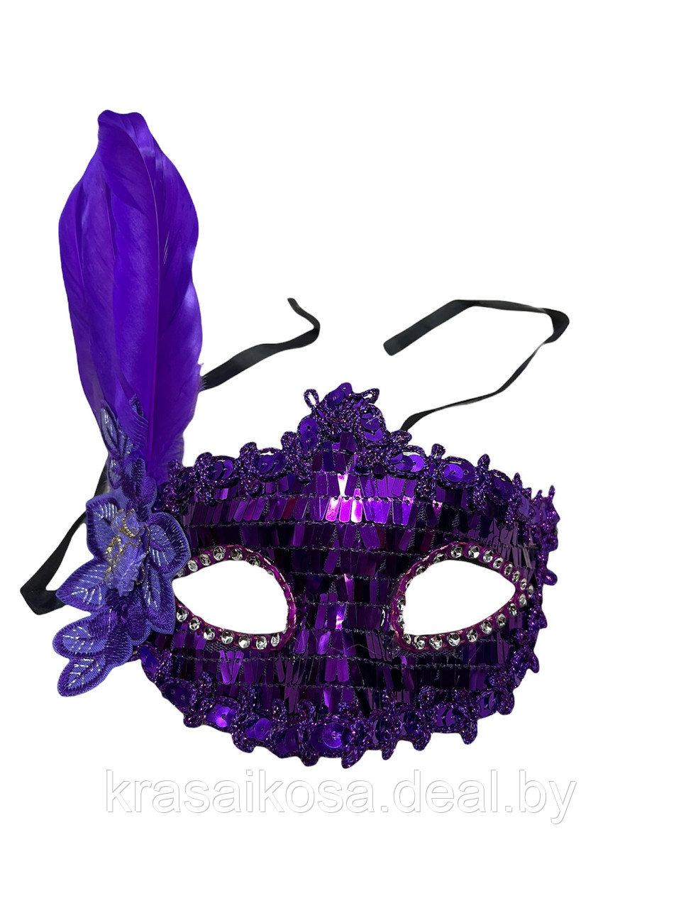 Маска венецианская карнавальная пайетки и перо фиолетовая