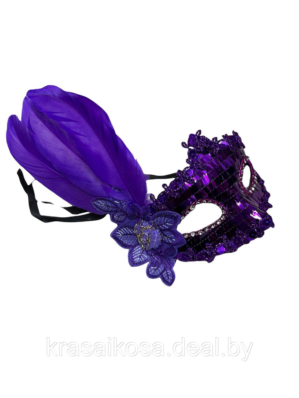 Маска венецианская карнавальная пайетки и перо фиолетовая - фото 2 - id-p168526697