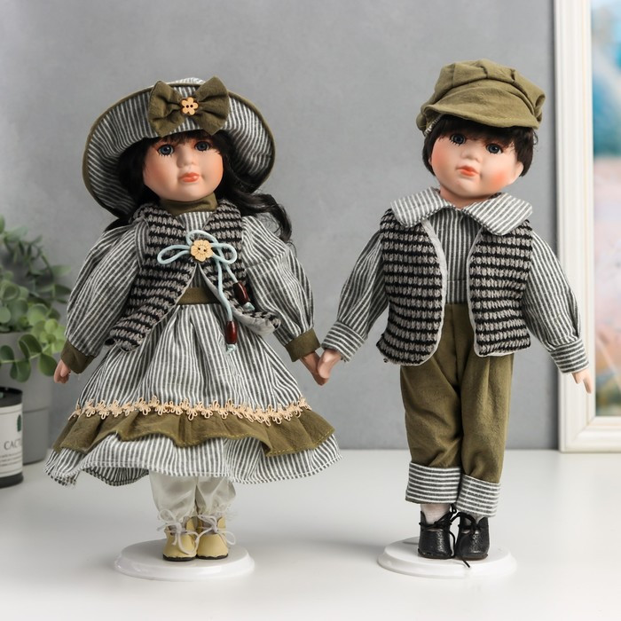 Кукла коллекционная парочка набор 2 шт "Марина и Паша в нарядах в зелёную полоску" 30 см - фото 1 - id-p168574113