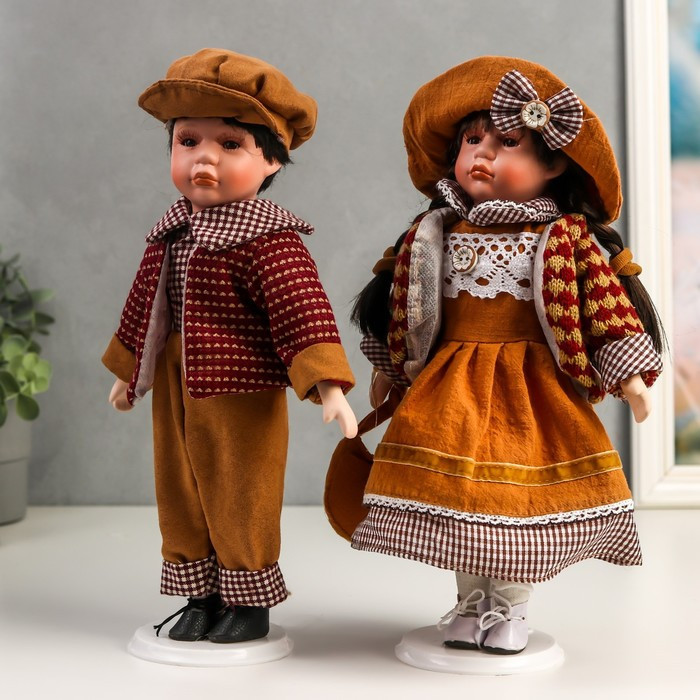 Кукла коллекционная парочка набор 2 шт "Поля и Кирилл в одежде цвета охра" 30 см - фото 3 - id-p168574116