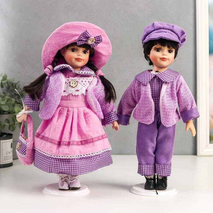 Кукла коллекционная парочка набор 2 шт "Тася и Миша в сиреневых нарядах" 30 см - фото 1 - id-p168574118