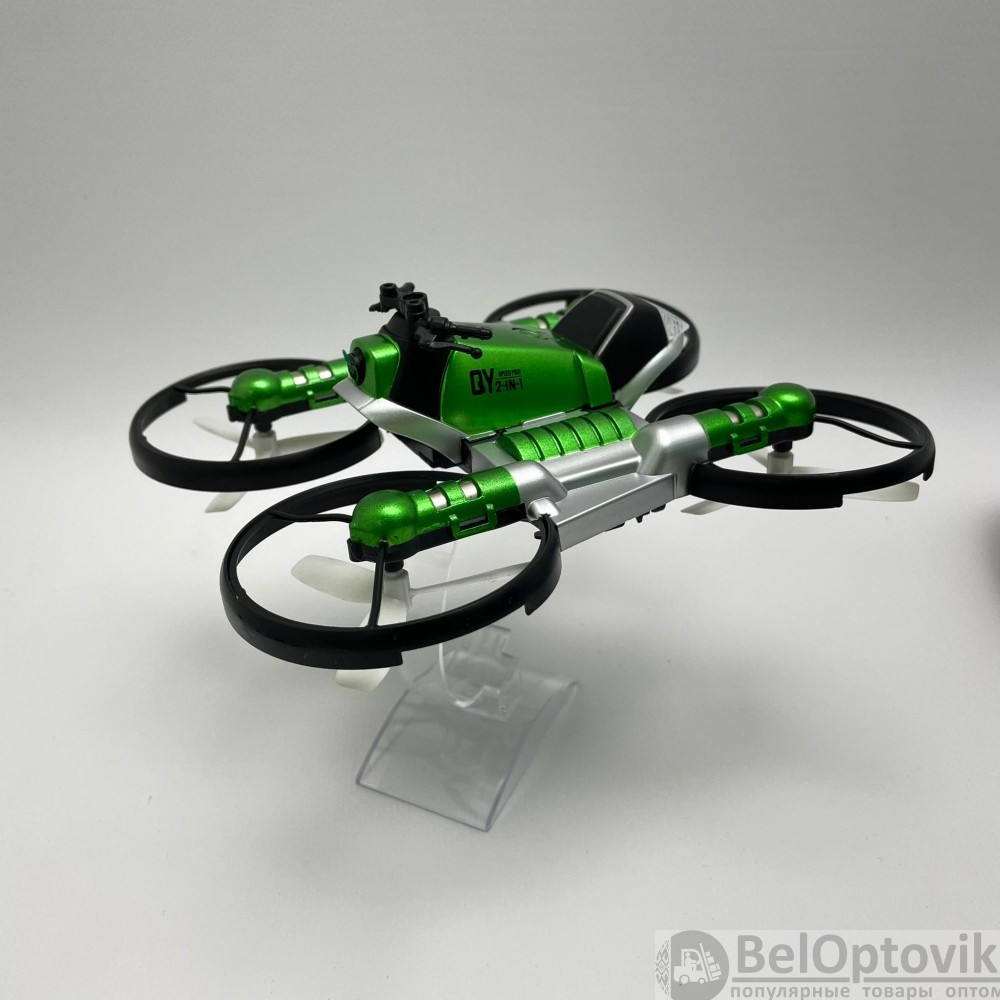 Квадрокоптер-трансформер дрон-мотоцикл на радиоуправлении 2 в 1 Qun Yi Toys, длина 17см, свет, летает/ездит - фото 2 - id-p130365234