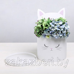 Коробка шляпная для цветов с доп. элементом «Белый котик», 22 × 22 см